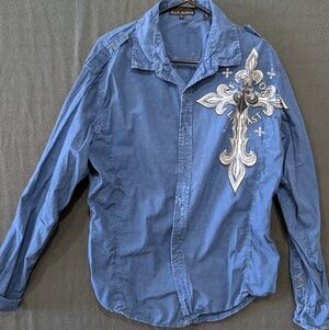 Affliction Black Premium Cross And Angel Wings Button Up Shirt - Size L